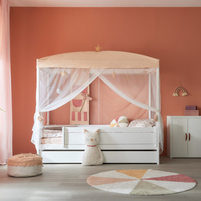 Fairy Theatre Canopy Single Bed 90x200 with Slatted Frame - White