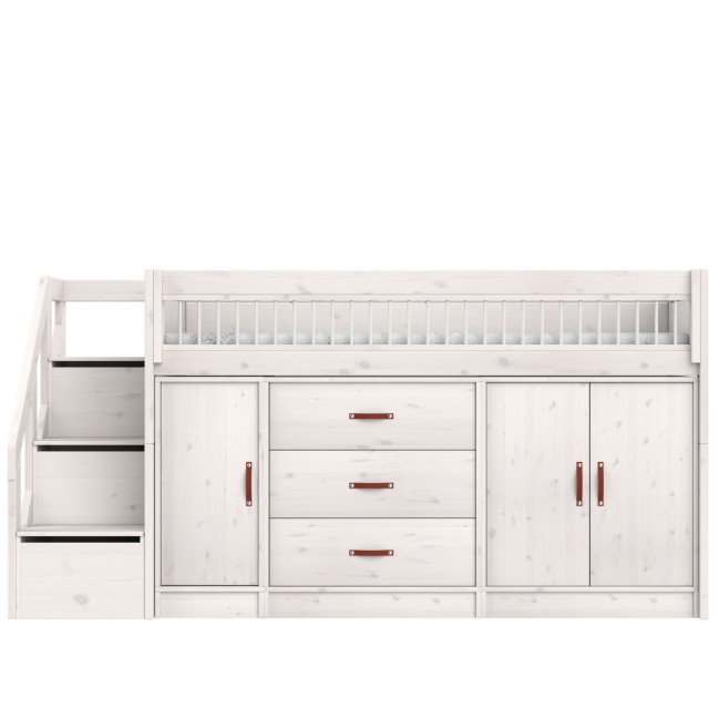 Letto Lifetime All-In-One a mezza altezza con base a doghe deluxe e spazio di stoccaggio, whitewash