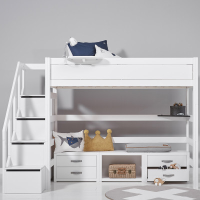 Lifetime Kidsrooms Hochbett mit Treppe und Stauraum, Standard Lattenrost Weiss