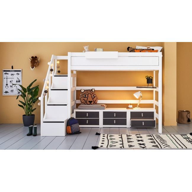 Lifetime Hochbett mit Treppe und Rollboden weiss kombi Regal und board