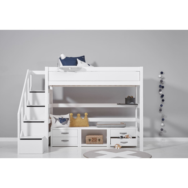 Lifetime Hochbett Kombi 1 mit Treppe, schubladen und Rollboden weiss