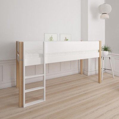 Manis-h Lit mi-hauteur FREJ 90 x 200 cm avec protection contre les chutes Blanche-Neige avec poteau en hêtre