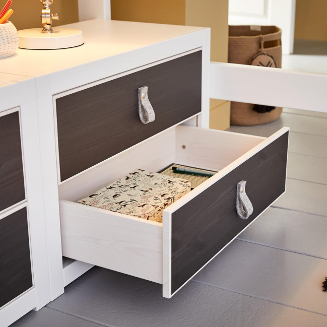 Lifetime loft bed with staircase and roller floor white combi shelf and board