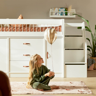 Letto a soppalco basso Lifetime All-In-One con rete a doghe e spazio di archiviazione, bianco