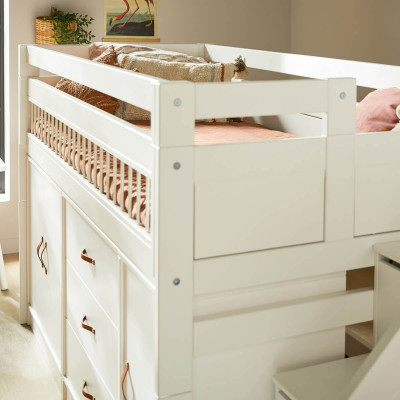 Letto a soppalco basso Lifetime All-In-One con rete a doghe e spazio di archiviazione, bianco