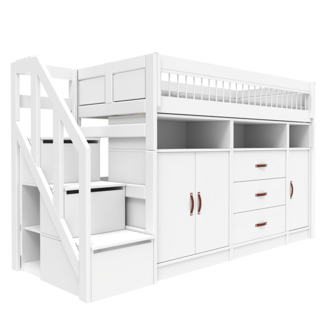 Lifetime lit mezzanine bas ALL-IN-ONE avec escabeau 152 cm, sommier standard blanc